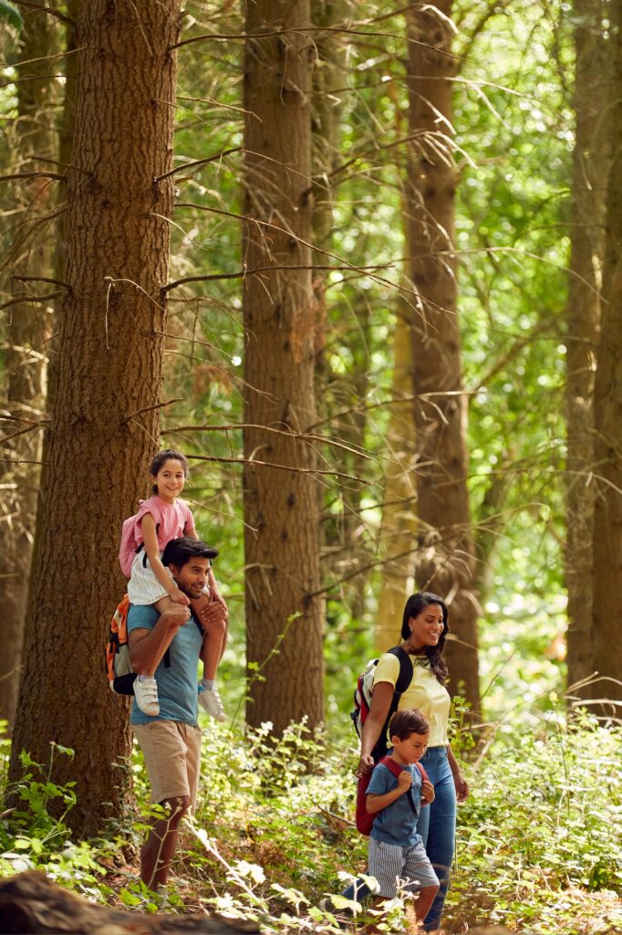 Family With Backpacks Hiking Or Walking Through Woodland Countryside